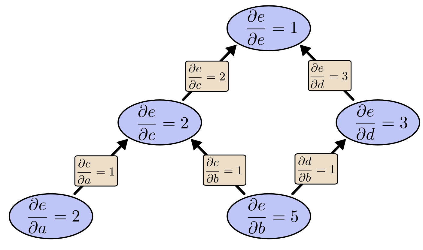 forward: compute derivative of a fixed node (here e) w.r.t. all nodes
